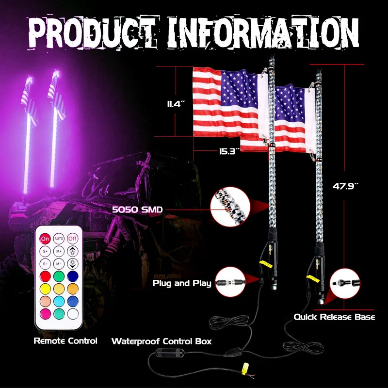 Remote RF APP Control RGB Antennas Whips Lamp Accessories 360 Degree Spiral LED Whip Lights for UTV Off-Road Vehicle ATV