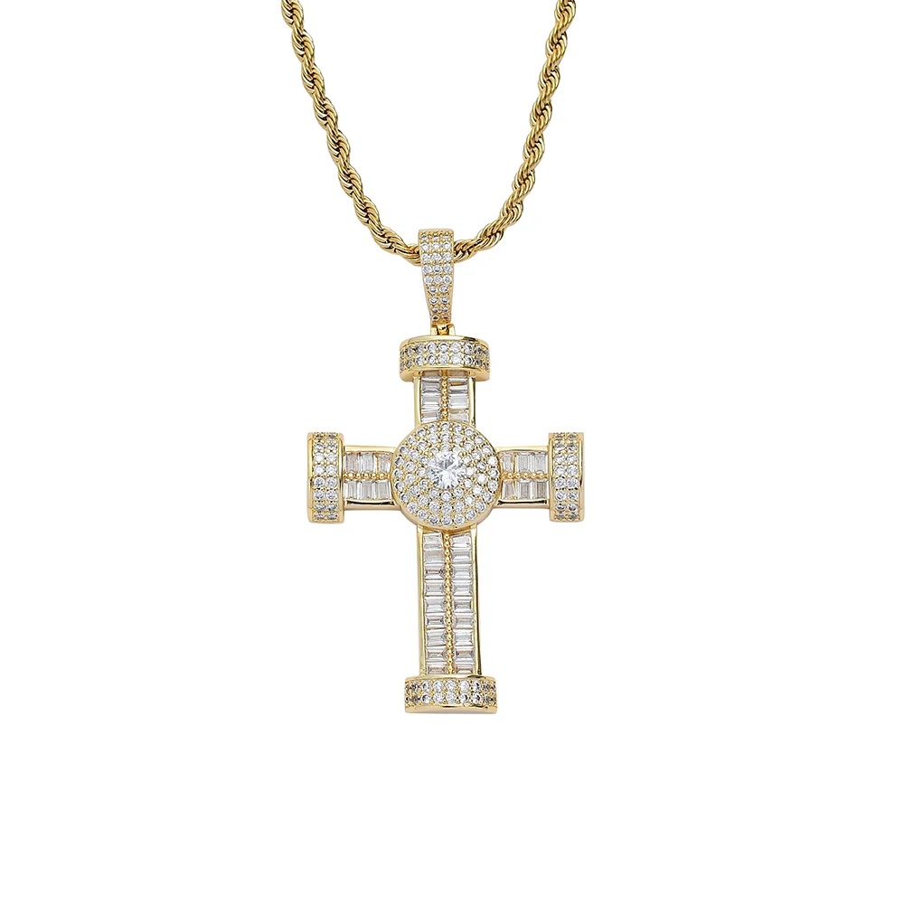 Hip Hop CZ Baguette Cross Disc Charm Necklace Pendant Gold Plated Brass Metal Iced Out Cross 2 Layers Zircon Diamonds Pendant