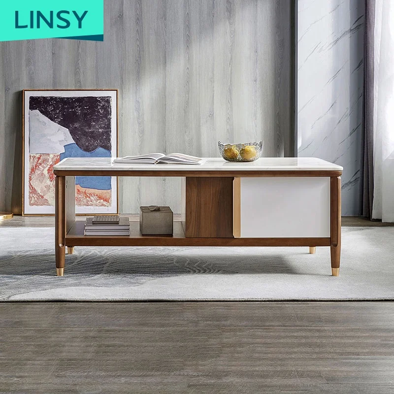 Linsy Antique Style Rustic Wood Marble Top Coffee Table Rectangle Square Tea Table  Ls173L1