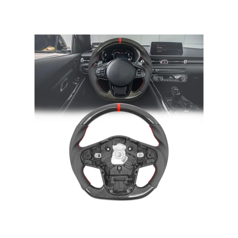Real Carbon Steering Wheel Leather W/ Red Stitch And Stripe For 2020-2023 Toyota GR Supra A90