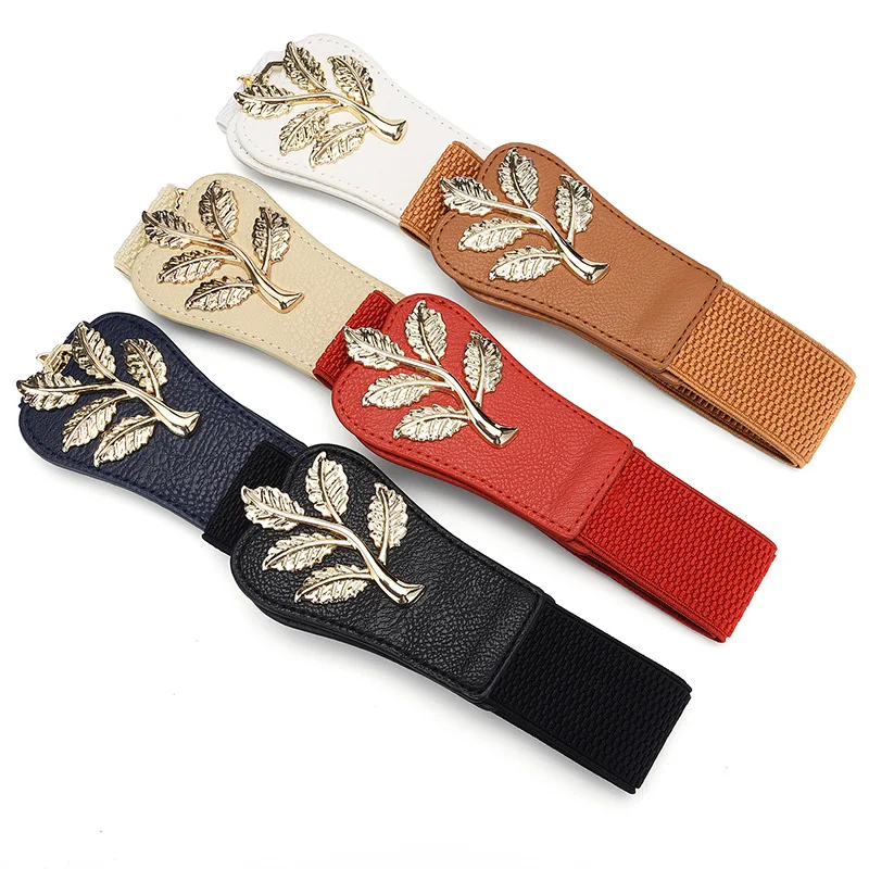 Wholesale Cheap Price Multi Colors Lady Dress Elastic Waist Belt Gold Leaf
