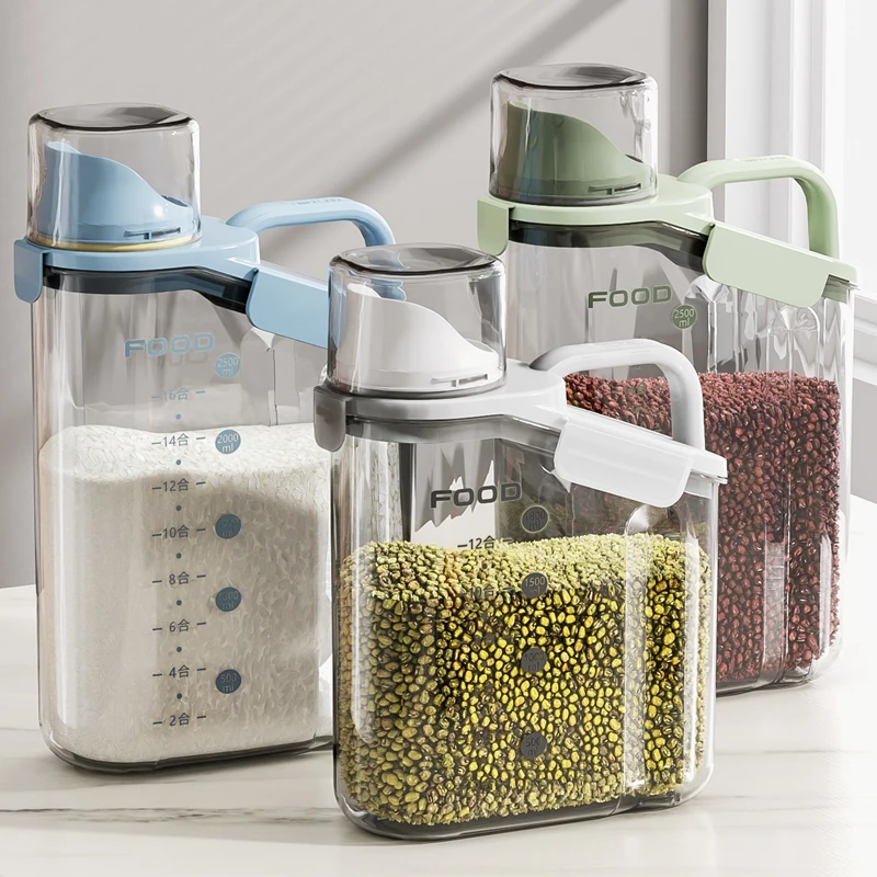 2.5L Transparent Airtight Food Storage Containers with Measuring Cup Kitchen Pantry Rice Dry Food Cereal Storage Tank