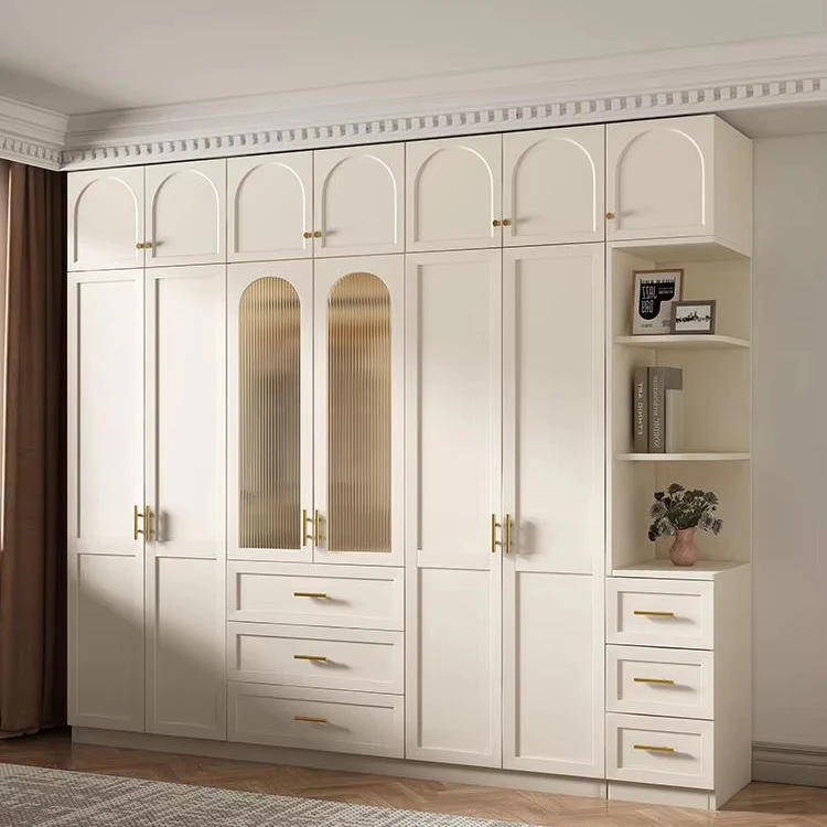 American French Cream Style Finished Cabinet Wardrobe Home Bedroom Small House Master Bedroom Corner Glass Wardrobe