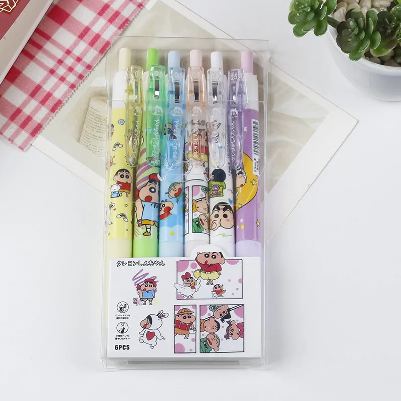 6pcs/box New Arrivals Crayon Shin-chan Press Gel Pen Sets Cartoon Anime Stationery 0.5MM Black Student Use pen
