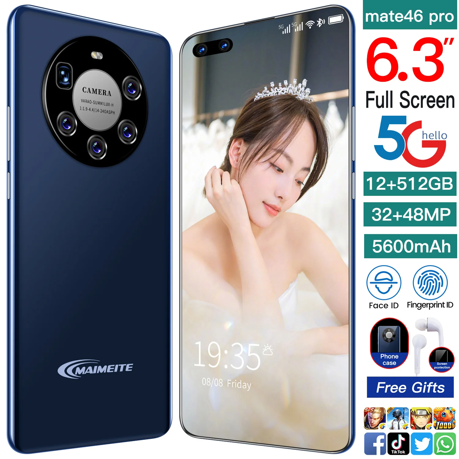 Fashion Smart Phone Mate46 pro 8GB RAM+256GB 6.3inch screen Front Camera 21MP+ Rear 32MP 4800mAh Wholesale