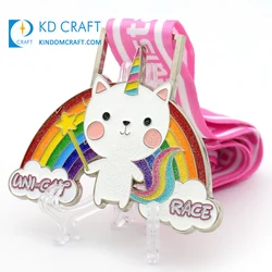 Free sample custom rainbow shaped metal colorful soft enamel glitter Kawaii cute cartoon animal unicorn cat souvenir race medal