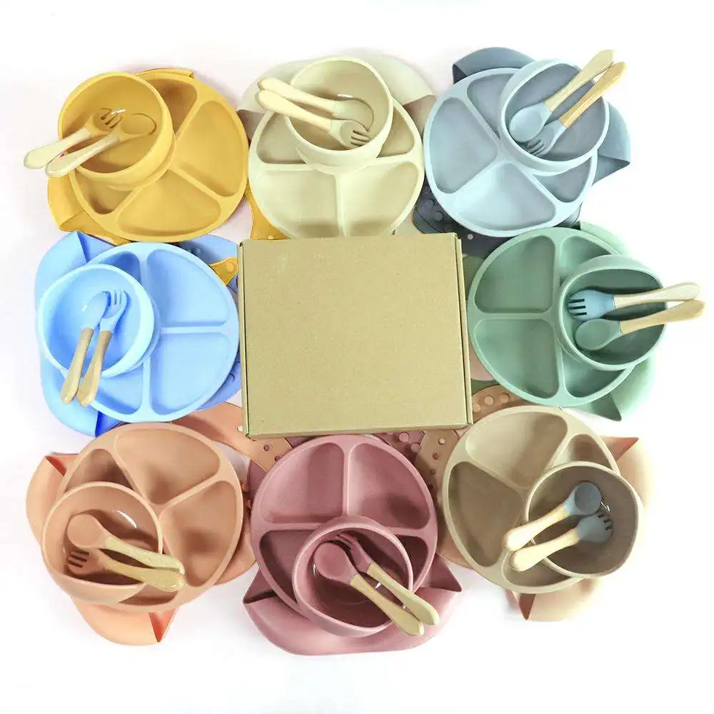Bpa Free Weaning Feed Set Bib Plate Silicone Tableware Baby Products Bowl And Spoon Kid Dining Eating Silicone Baby Feeding Set