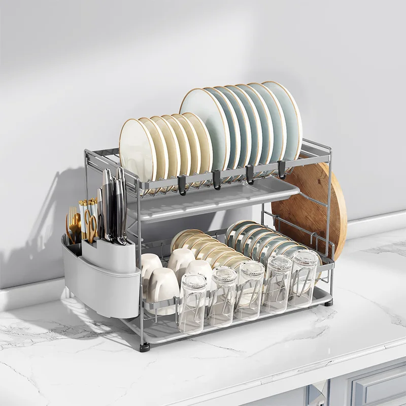 Dish Drying Rack Steel 2-Tier Dish Rack with Utensil Holder Cutting Board Holder and Dish Drainer for Kitchen