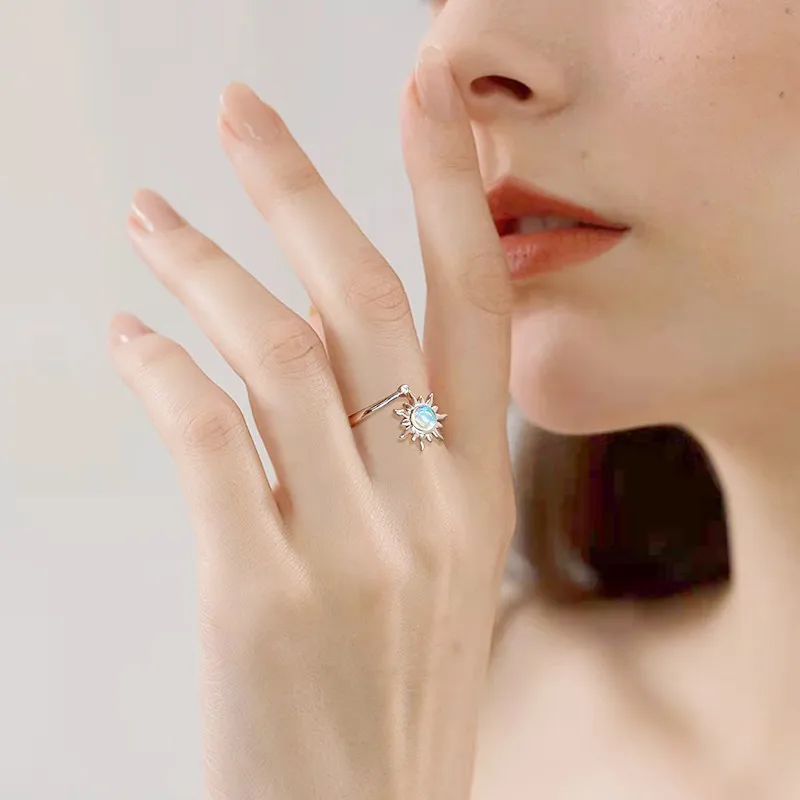 Adjustable Anxiety Rotating Rings For Women Rhinestones Opal Sunflower Fidget Finger Ring