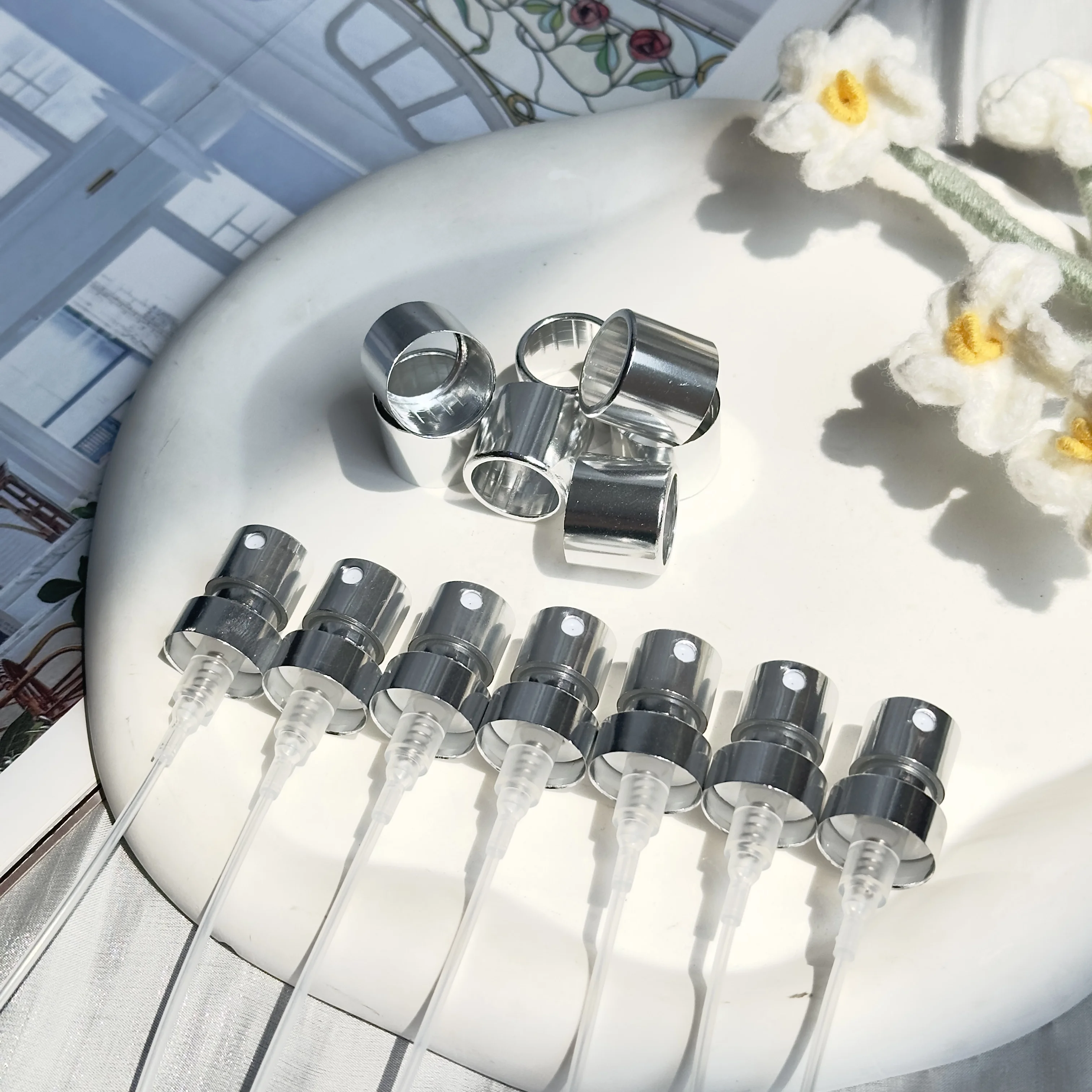 15mm silver Gold aluminium cosmetic crimpless pump bottle sprayer