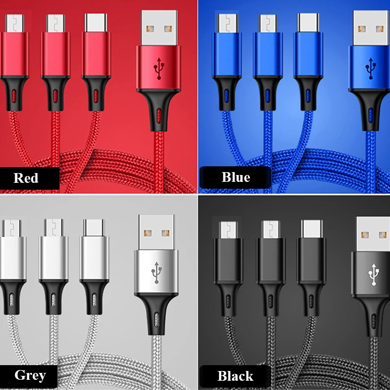
mobile phone nylon braided 1.2m 3 in 1 cable charger for Android/IOS/samung 