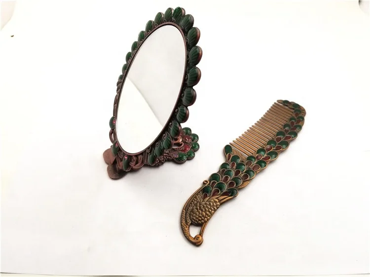 Portable Vintage Tin Peacock Folding Makeup Mirror And Comb For lady gift