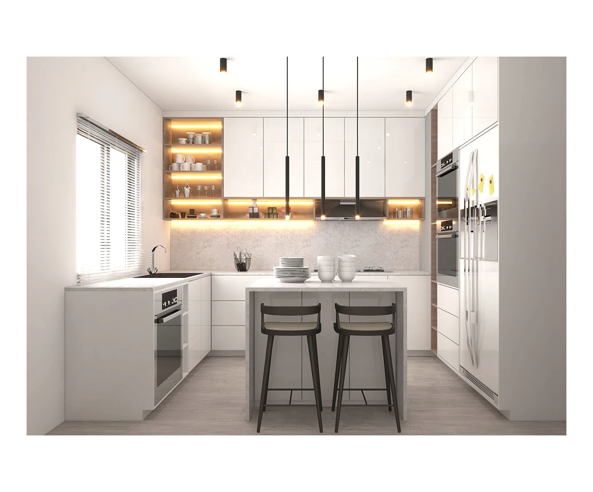 2023 Dorene Factory Custom Luxury Lacquer Unit U Shape Modern Design High Gloss Acrylic Kitchen Cabinet For Small Space