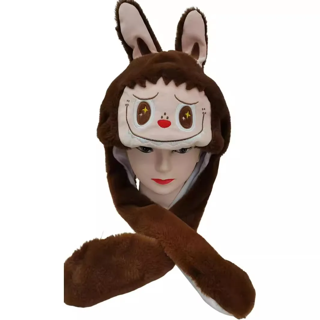 Ruunjoy new cartoon labubu plush hat Ears Move cute labubu figure rabbit soft winter cover ear hat LED Plush hat Christmas gifts
