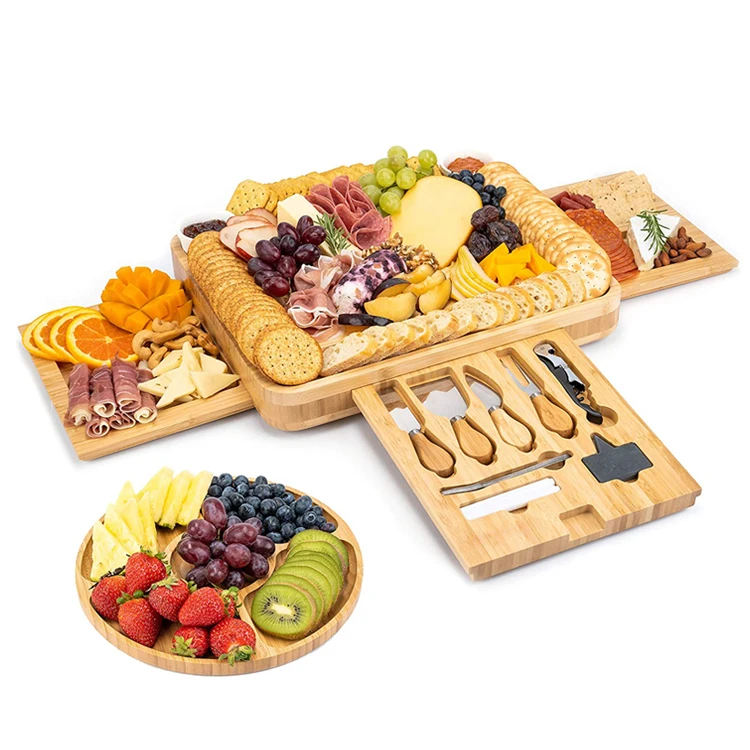 Уникальная 100% натуральная бамбуковая деревянная доска для сыра, колбасных изделий, Сервировочная доска, набор для разделки с подставкой для Винных Бокалов