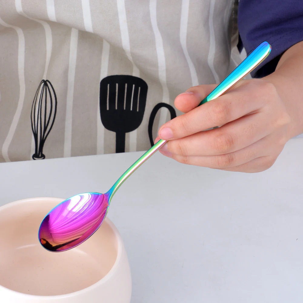 Wholesale Korean Style Titanium Stainless Steel Rice Gold Long Handle Round Soup Spoon