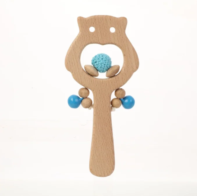 Wholesale Natural Beech wood educational toys Wooden Baby Rattle Owl Teething toys infant Training Sensory toy