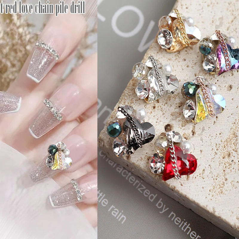 Hot Nail Art Chain Full Rhinestones 3D Nail Art Metal Heart Shape Glitter Rhinestones Diamonds for Manicure Decor