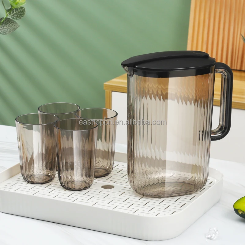 BPA FREE Plastic Pitcher with Lid, Spout and handle, Cold and Hot Water Pitcher Set with 4 Matching Cups and Serving Tray