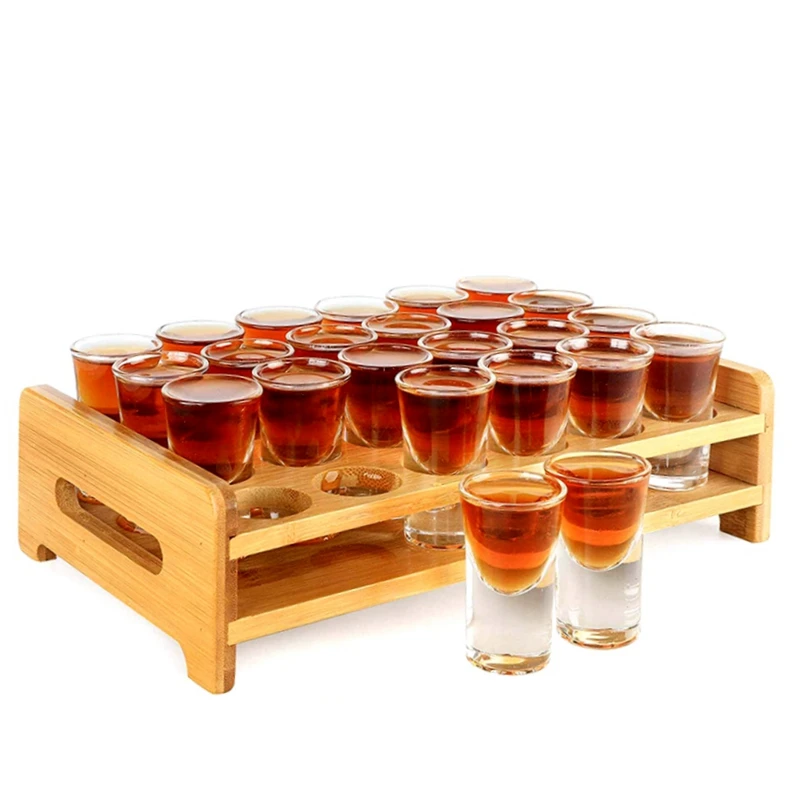 Customized Wooden Shot Glasses Holder Straight Thick Base Clear Whiskey Tequila Glass Cups Shot Glass Holder Tray