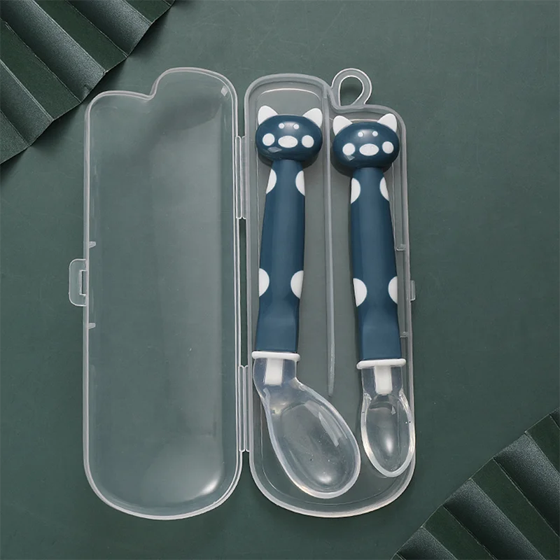 Whole sale Soft-tip baby silicone spoon kids silicone feeding utensil with storage case