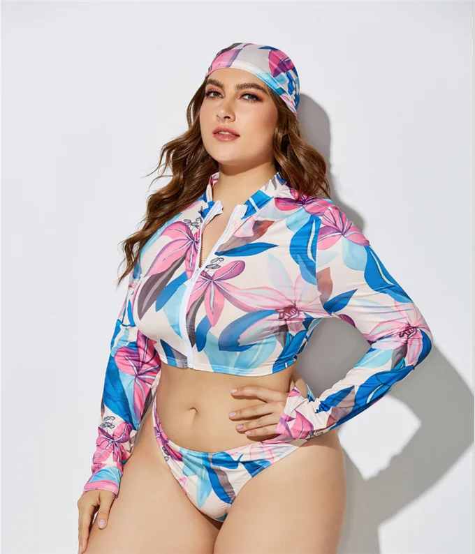 Custom Stripe Colourful Fat-Women-Swimsuits Women Two Piece Swimwear Long Sleeve