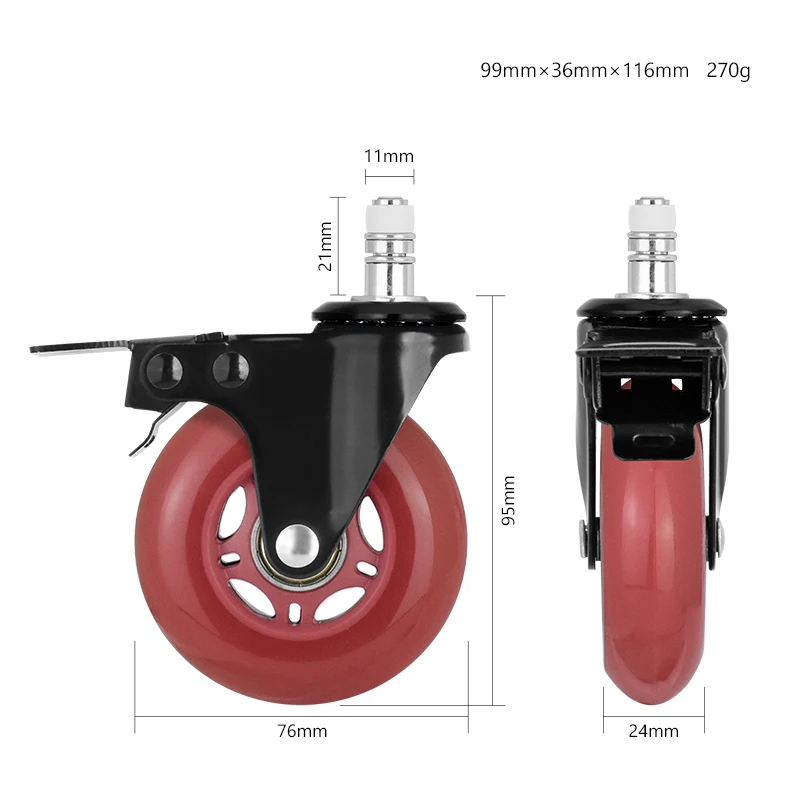 Universal 3 Inch Swivel Wheels Furniture Chair Casters PU Office Chair Caster Wheel with Mute Inserts Double Ball Dual Brake
