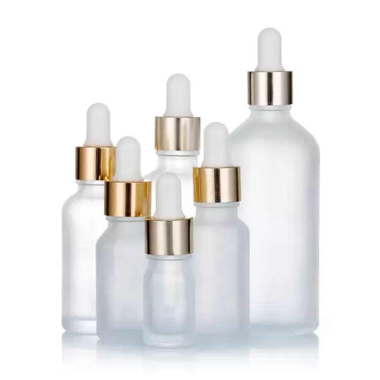 Wholesale frost glass serum liquid 30ml-60ml boston round essence oil dropper bottle with rubber top