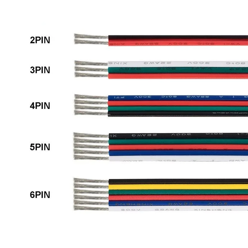 RGB RGBW Led Strip Light Neon Sign LED Extension Cable 2pin 4pin 5pin 6pin Core Monochrome Red and Black Color Wire