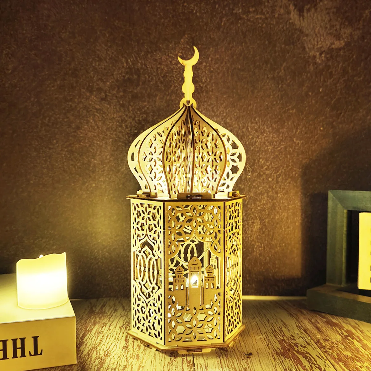 Kanlong Ramadan Wooden Handicraft Muslim Palace Lighted Gifts Decorative Lamp