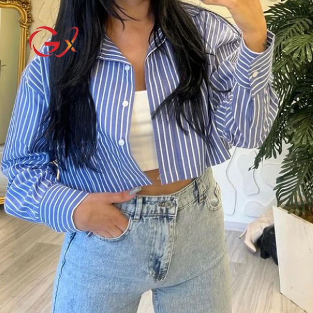 GX1234 Fashion Streetwear Lady Tops Shirt Clothing Vendor Solid Stripped Long Sleeve Blouses Turn Down Cropped Women Shirts