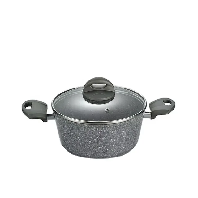 Customizable Kitchen Utensils Soft Touch Bakelite Handle Aluminium Alloy Cooking Pot Grey Marble Coating Gas Stove OEM Product