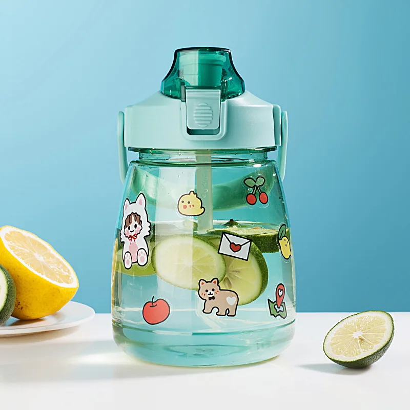 Custom Students Children Strap Straw Cute Large Capacity With Straw Novelty Portable Cartoon Sticker Plastic Water Bottle
