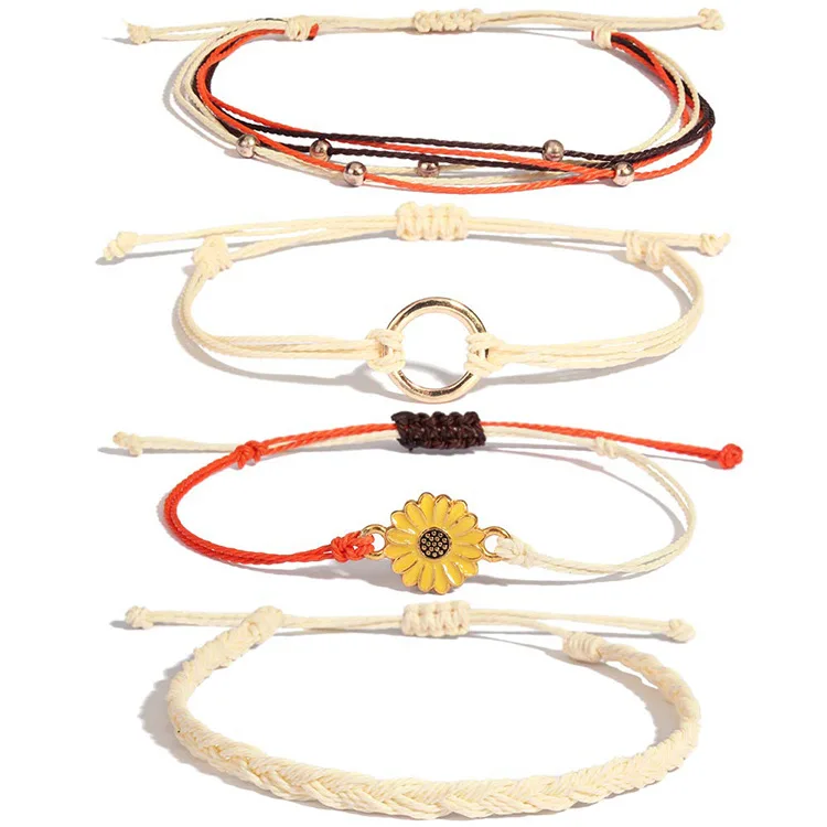 Bohemia Multilayer Rope String Bracelet Set 4pcs Boho Sunflower Charms Handmade Woven Braided Strand Adjustable Bracelets