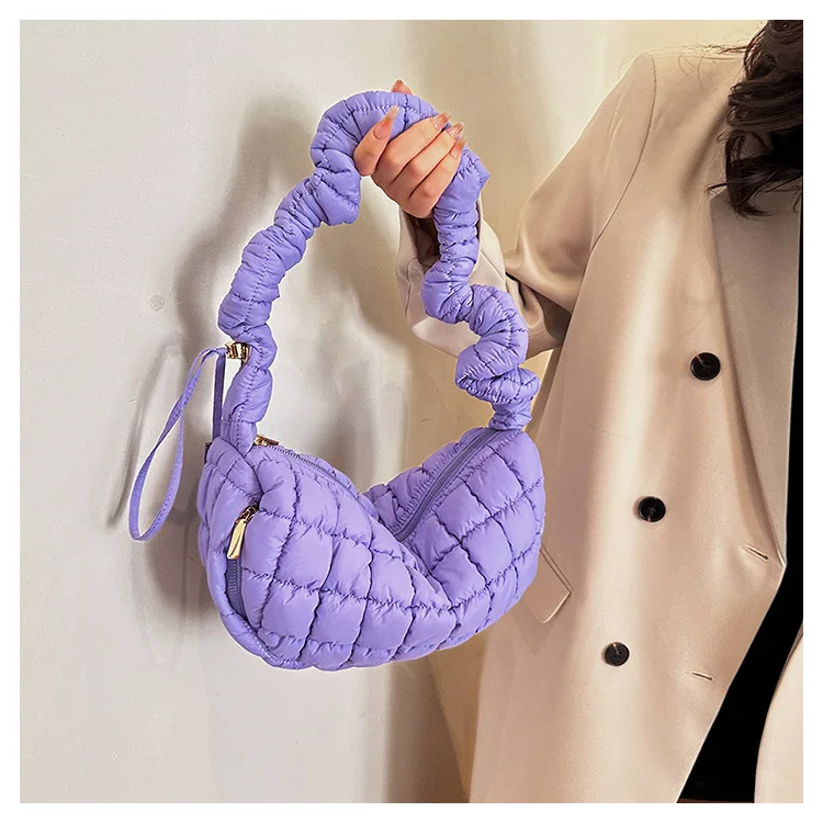 High Quality Korean style soft Winter Padded Polyester Quilted puffy Fabric Women Handbag Softness Pleated Underarm Bag
