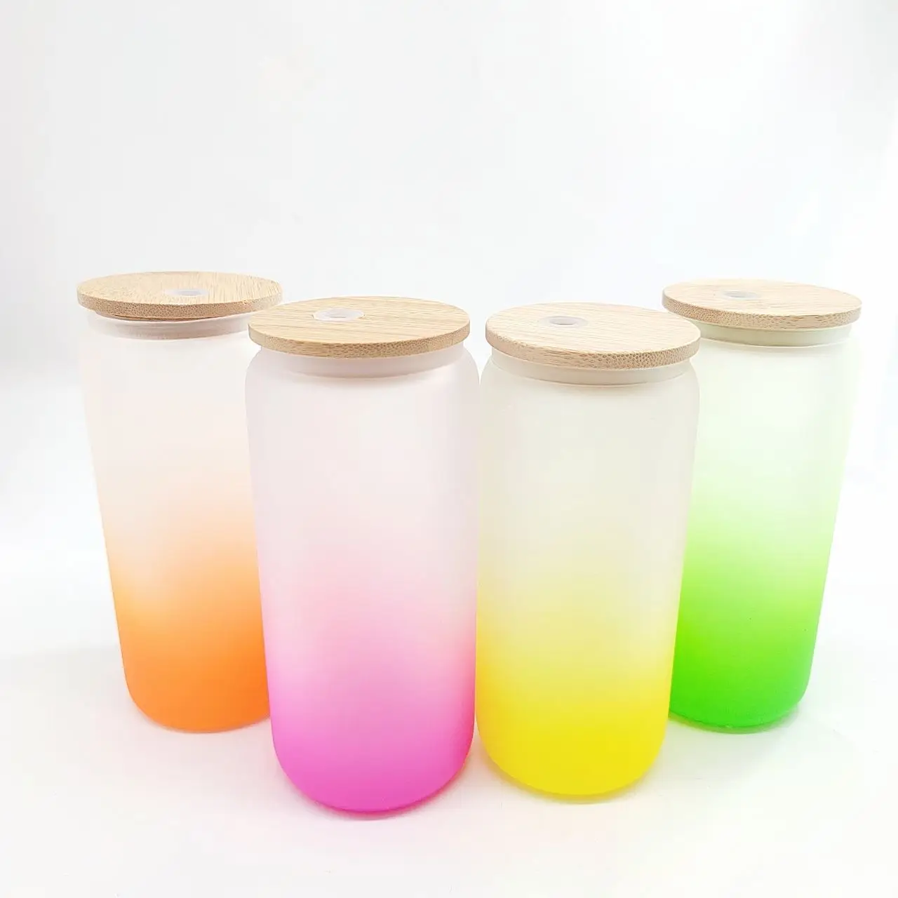 US Warehouse Stock High Quality Transparent ombre 550ml 16oz Can Shaped Containers Bamboo Lid Cola Beer Glass Cup with Straw