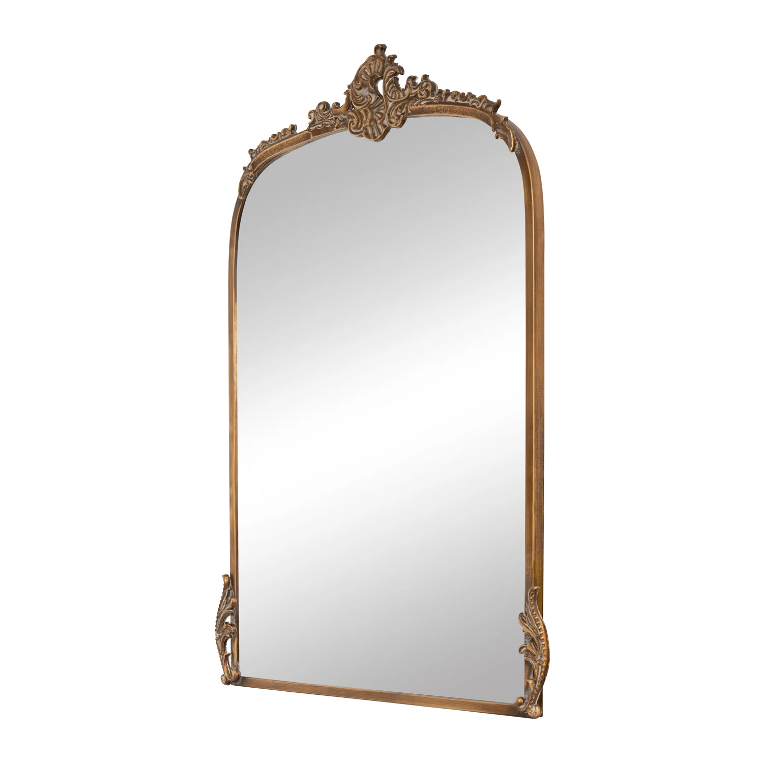 Ornate Iron Flower French Metal Wall Floor Arch Gold Floor standing Mirror with top decorated