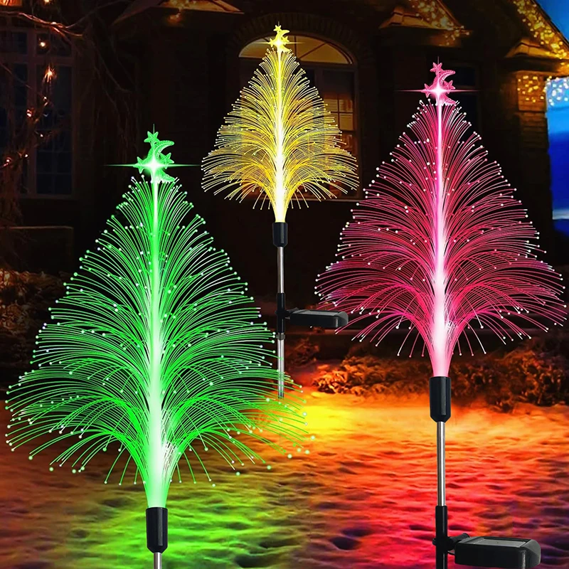 Solar Power Christmas Tree Garden Stake Lights Outdoor Waterproof Yard Pathway Outside Decorative Fiber Optic Jellyfish Lights