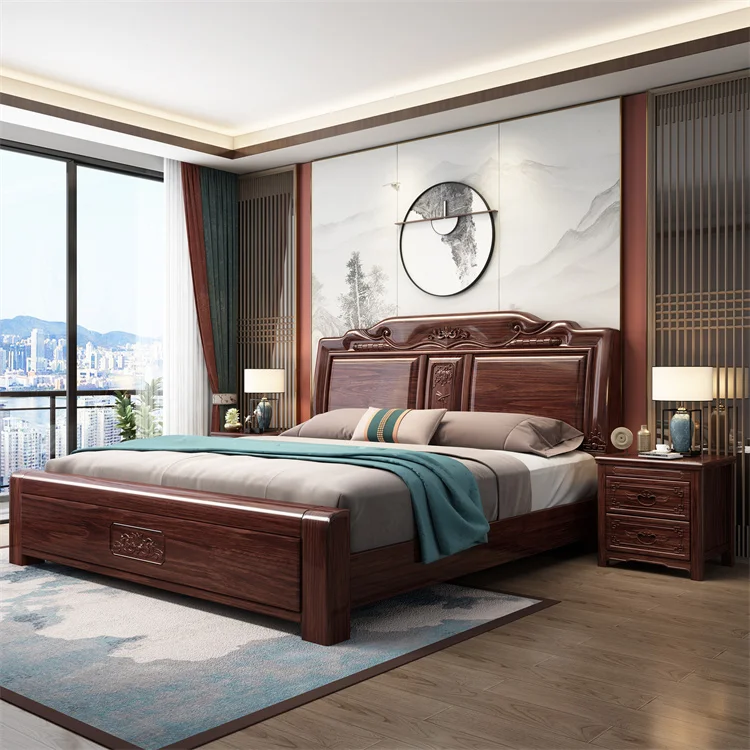 Chinese style solid wood bed schlaf zimmer bett 1.8m double bed bedroom furniture with storage bed panel