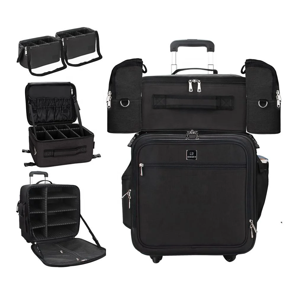 Relavel 4 in 1 Travel Nylon Custom Makeup Bag Large Black Professional Makeup Rolling Trolley Organizer Case for Makeup Artist