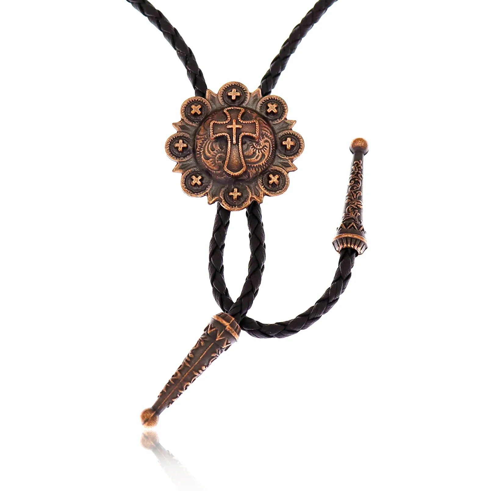 RechicGu Vintage Cross Star Bolo Tie Handmade Leather Necktie Adjustable Rodeo Necklace Western Cowboy Fashion Accessories Men