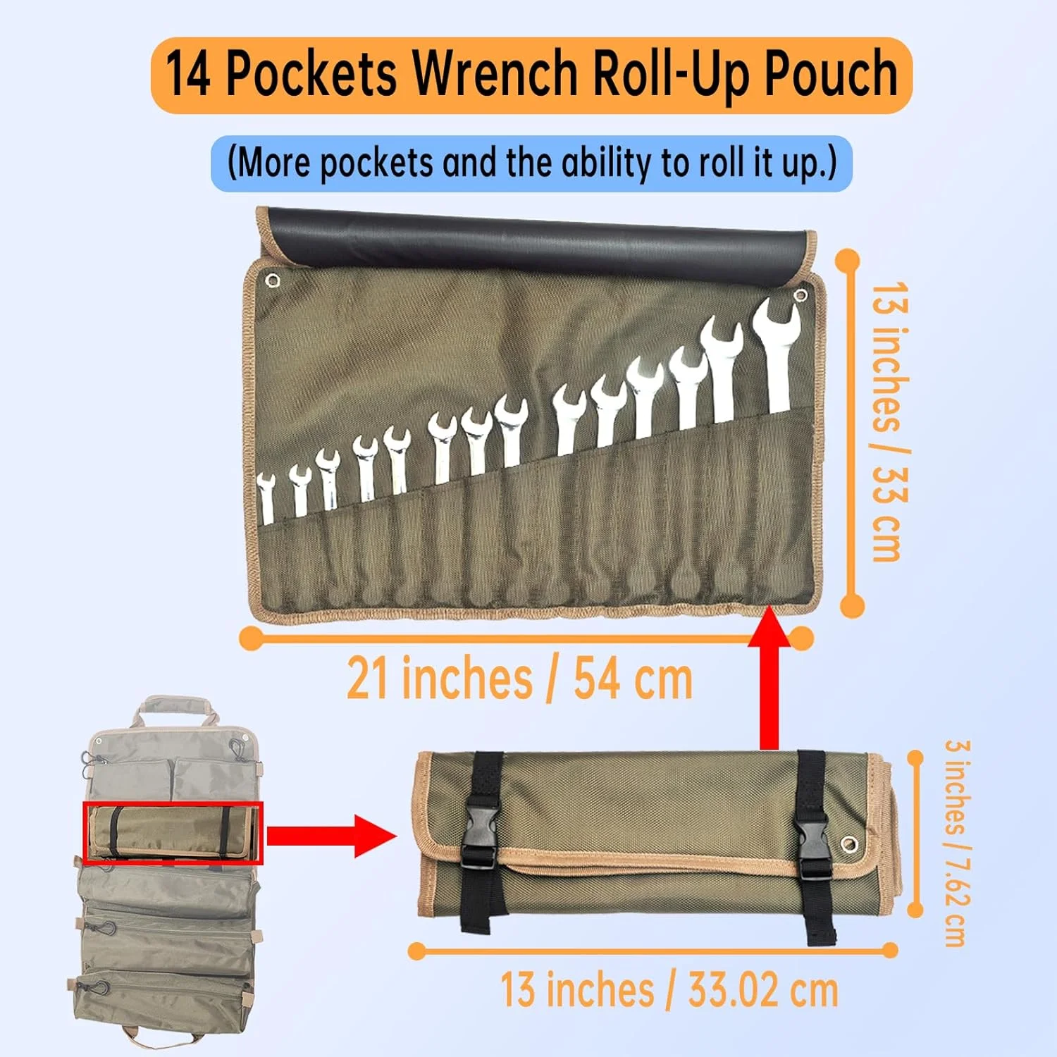 Large Detachable 3-Pouch Electrician Heavy Duty Organizer 14-Pocket Wrench Tool Roll Bag & 2 Small Storage Bags Gift Men/Dad/Him