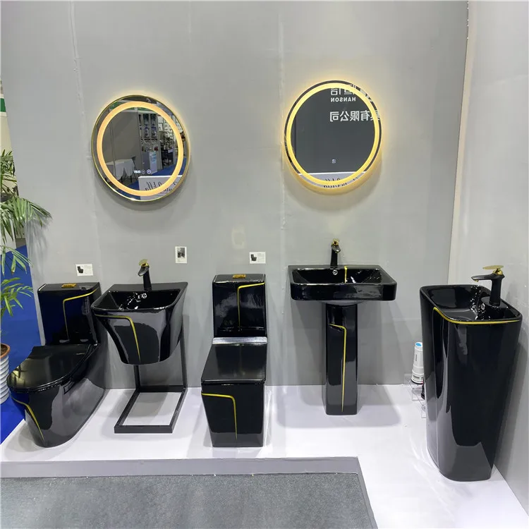 Modern bathroom sanitary ware one piece  toilet bowl floor bathroom sink and ceramic toilet black gold wc toilet set