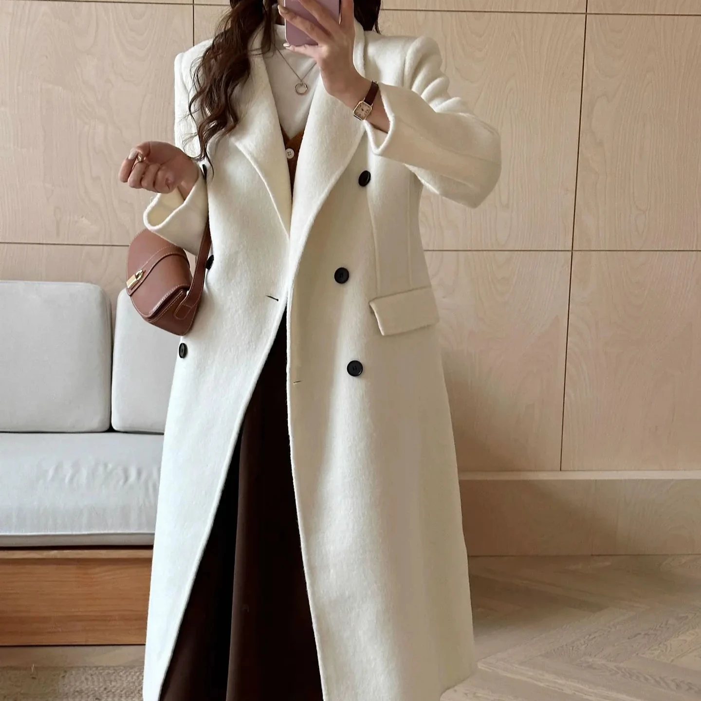 Slim fit double-sided cashmere coat Long plush thick and warm wool double-sided woolen jacket S M