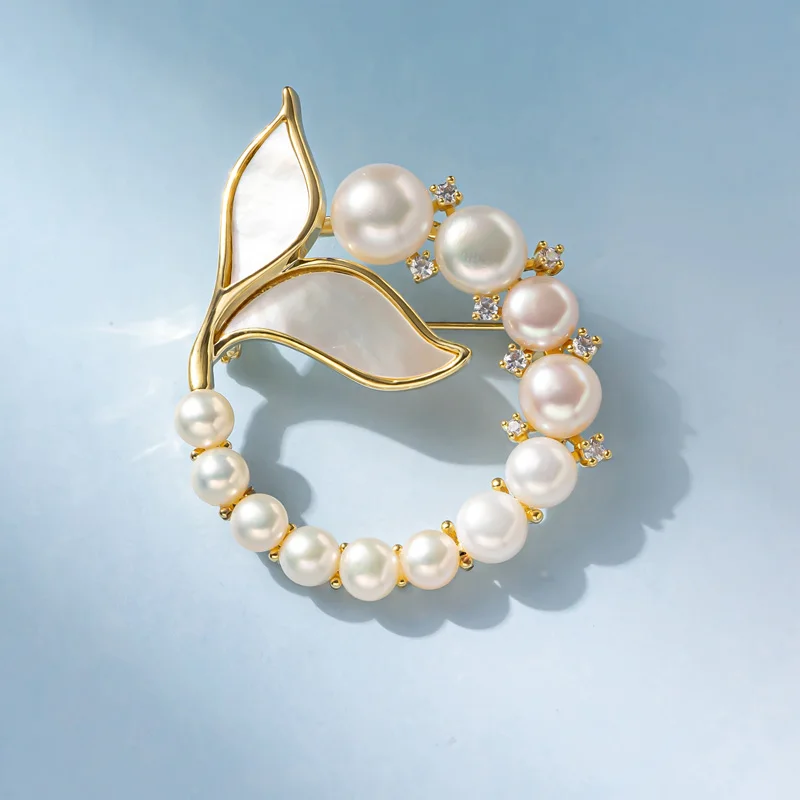 XILIANGFEIZI Natural Freshwater Pearl Sea Shell Mother Shell Mermaid Tail Ring Brooch Elegant Stylish Chic Gift