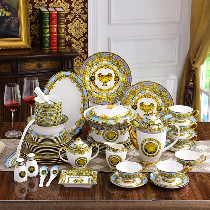 Home Luxury 58pcs Dinner Set Ceramic Flatware Custom Royal Wedding Plates Fine Bone China Tableware Set