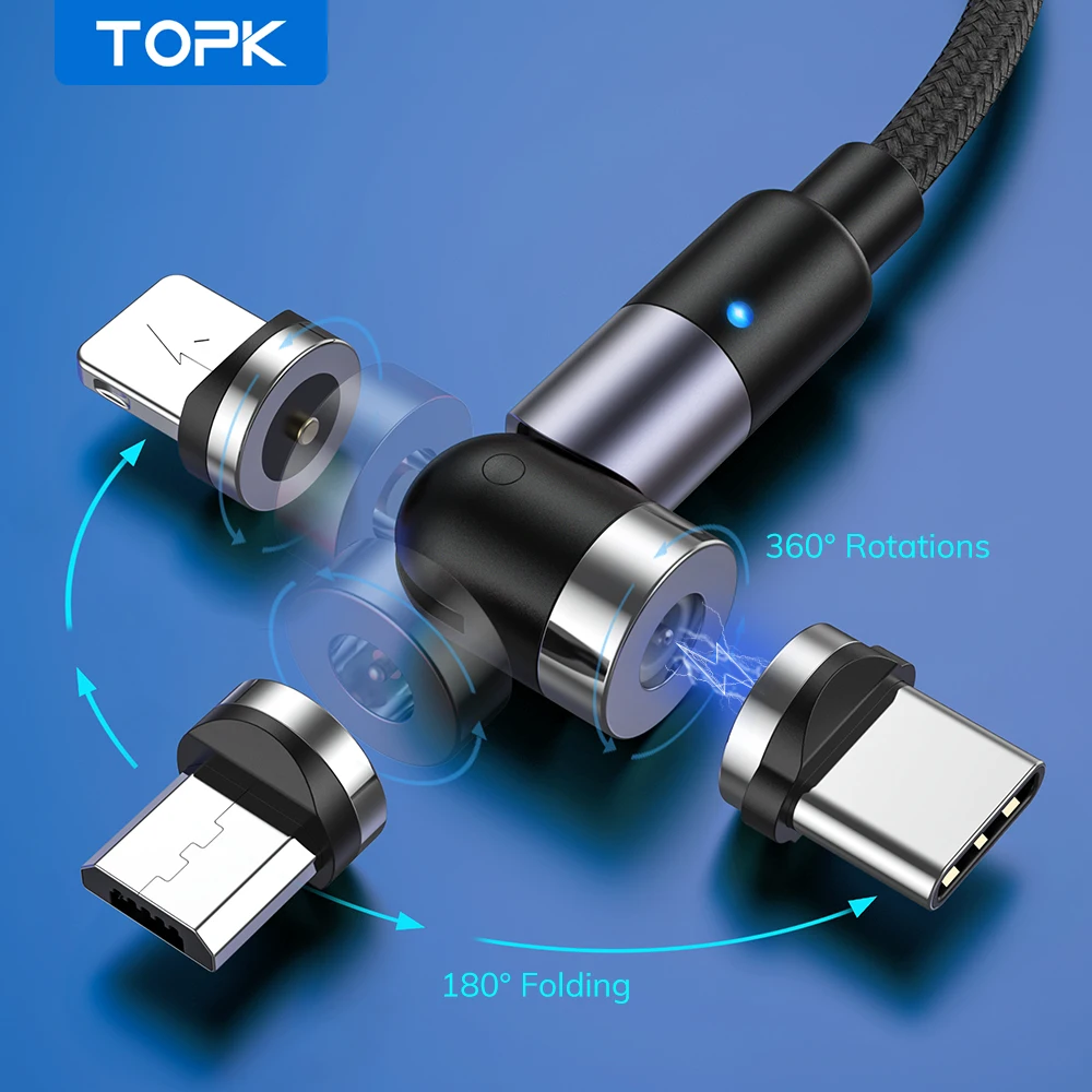  Бесплатная доставка TOPK AM59 1 м 2nd Gen 540 вращающийся светодиодный Micro USB Type C Магнитный зарядный