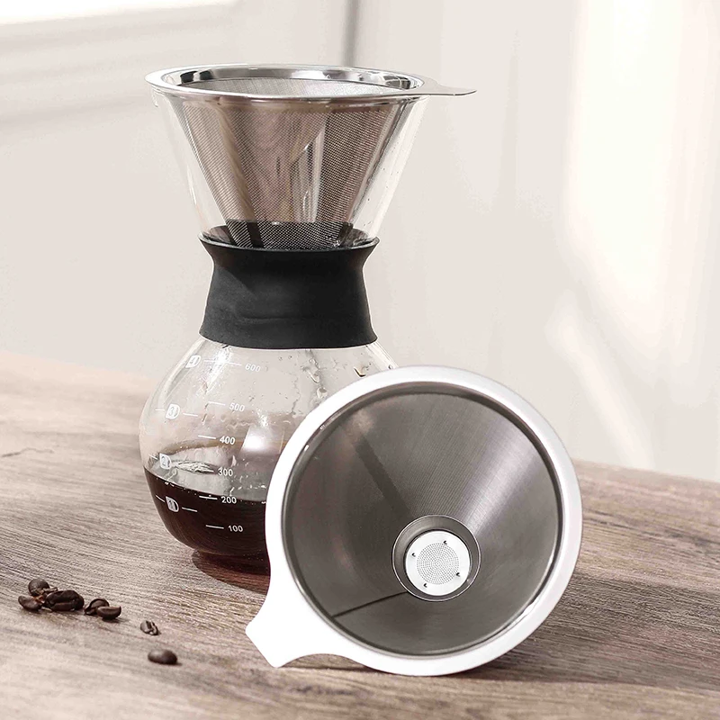 
304 Stainless Steel Mesh Cone Shape Cold Brew Coffee Dirpper Large Handle Kahve Filtre Reusable Silver Coffee Filter for 4 Cups 