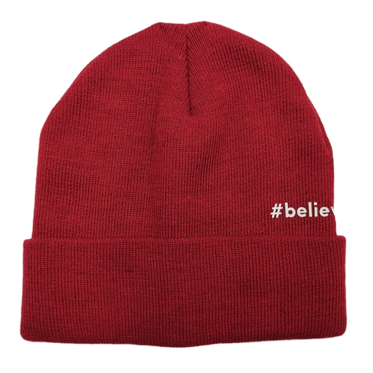 Adult knitted beanie double layers with customer rubber print