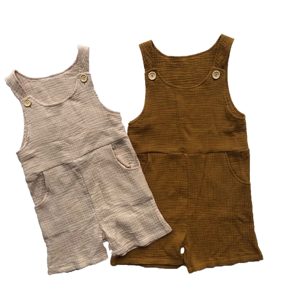 Cotton muslin mommy and baby sleeveless romper button ties with pocket overall adult jumpsuit summer clothing